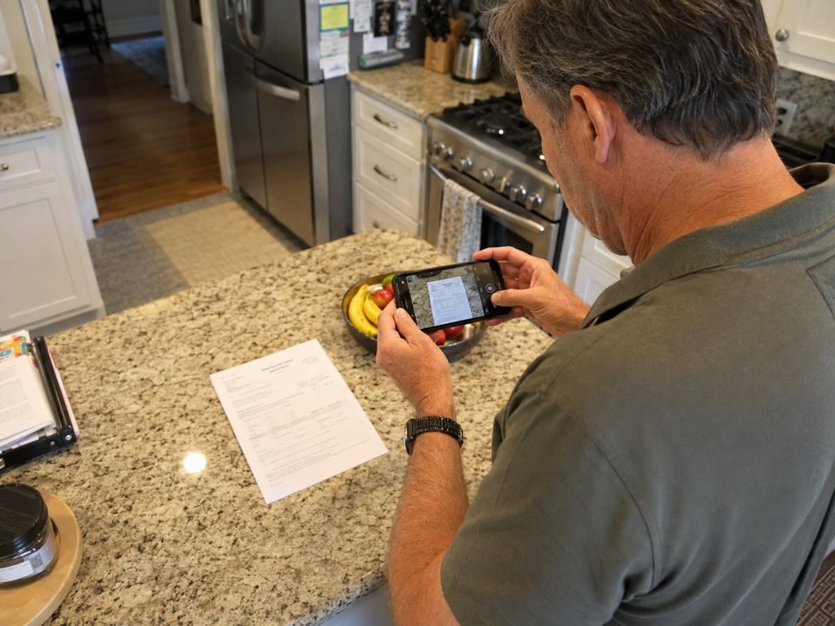 A man in his kitchen photographing a paper form with his phone, ready to text it to us