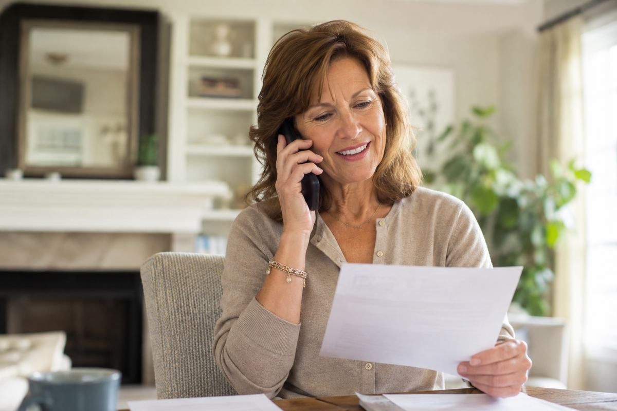 A smiling woman on the phone at her table, working through a letter with her assistant