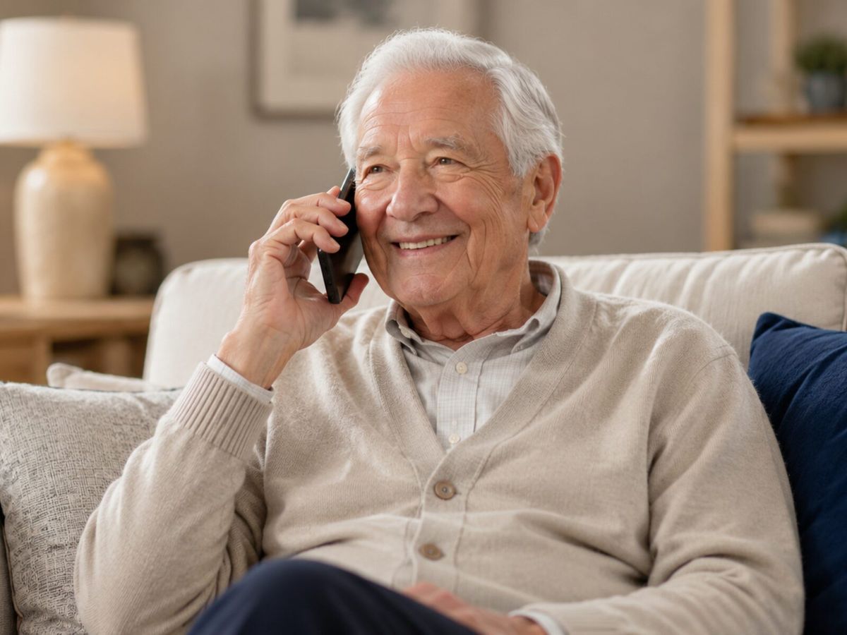 A smiling older man relaxing on his sofa at home, talking on his mobile phone